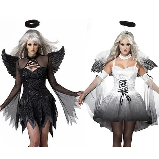 Lady Fallen Angel Dark Devil Costume Horror Raven Halo Wings Outfit Cosplay Carnival Halloween Party Dress
