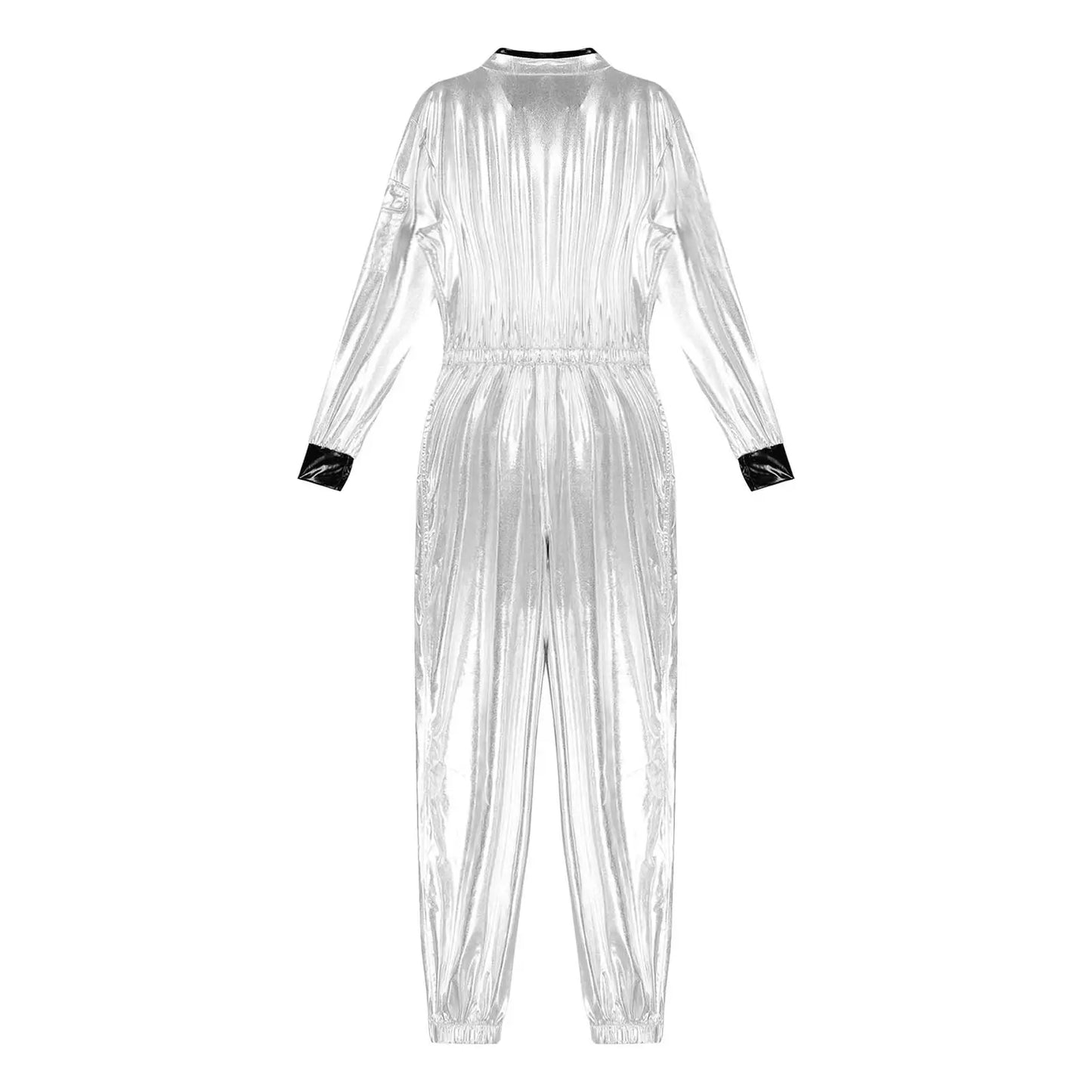 Women Halloween Carnival Astronaut Cosplay Costume Long Sleeve Metallic Shiny Zipper Jumpsuit Bodysuit Performance Clubwear