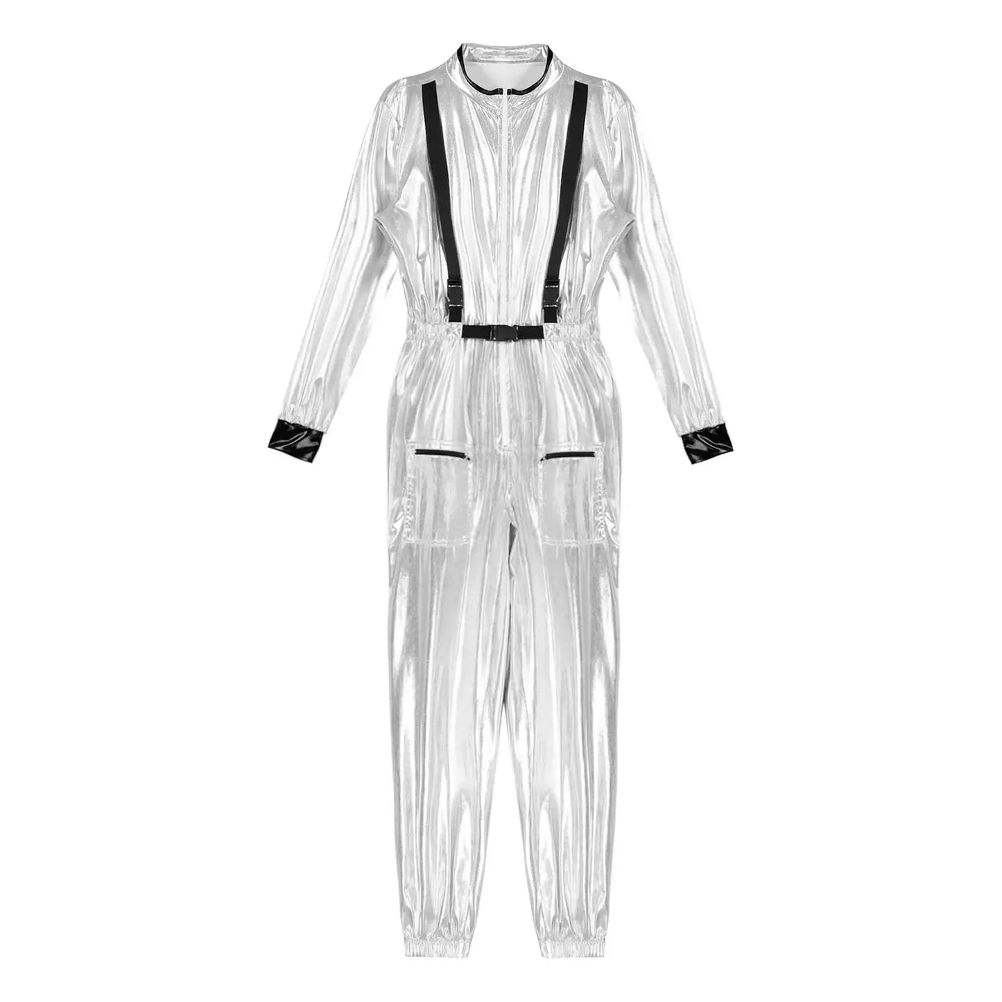 Women Halloween Carnival Astronaut Cosplay Costume Long Sleeve Metallic Shiny Zipper Jumpsuit Bodysuit Performance Clubwear