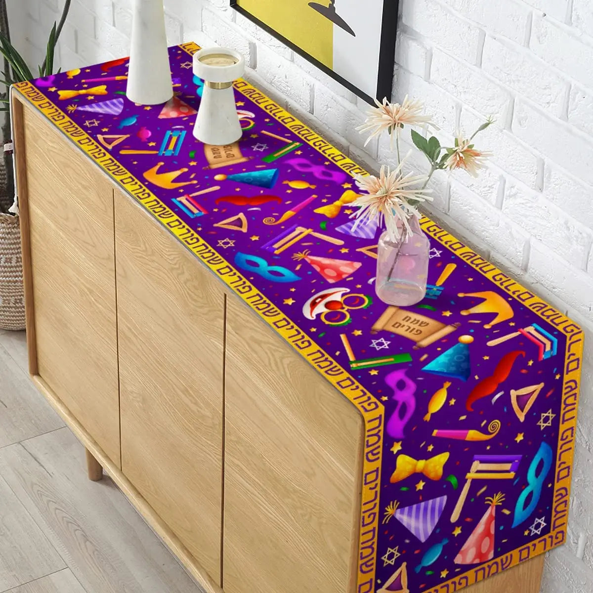 Happy Purim Table Runner Jewish Carnival Festival Holiday Decor Masque Circus Clown Table Runner Kitchen Dinning Decoration