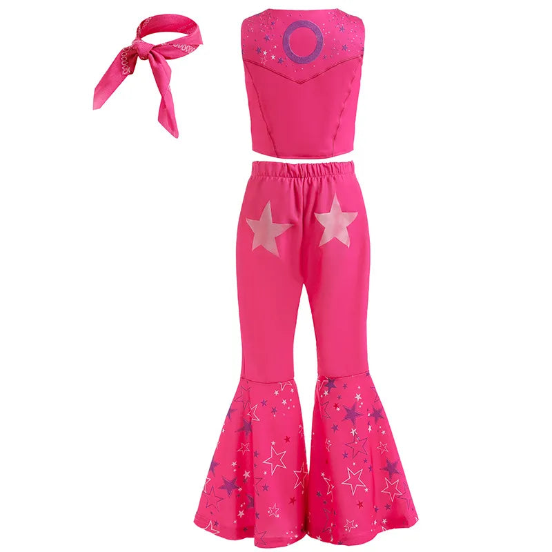 Movie Barbi Costume for Toddler Girls Margot Robbie Barbe Pink Top and Flared Trousers Suit Kids Halloween Birthday Party Clothe
