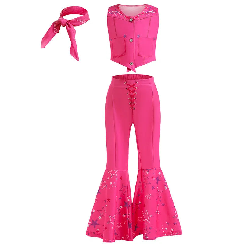 Movie Barbi Costume for Toddler Girls Margot Robbie Barbe Pink Top and Flared Trousers Suit Kids Halloween Birthday Party Clothe