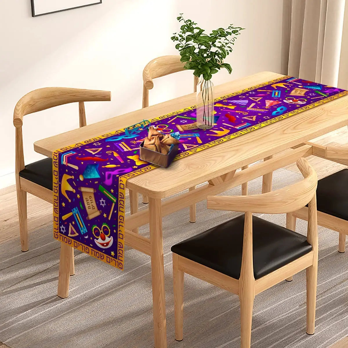 Happy Purim Table Runner Jewish Carnival Festival Holiday Decor Masque Circus Clown Table Runner Kitchen Dinning Decoration