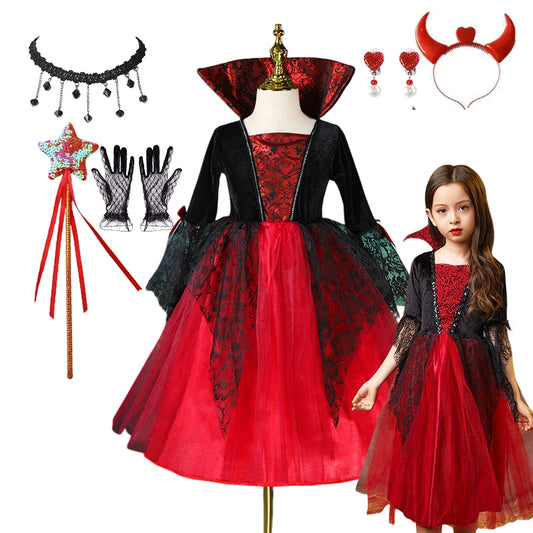 2023 Halloween Costume for Kids Girl Ghost Bride Cosplay Dress Children Vintage Vestido Fansy Tulle Clothes Girl Party Carnival